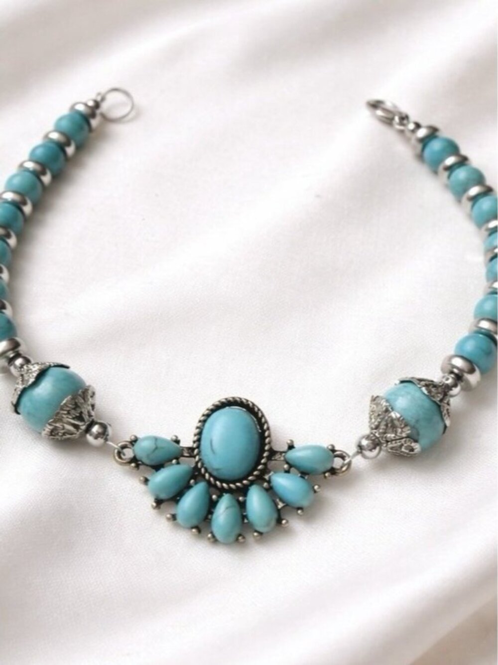 Turquoise Bracelet and Dangle Earrings Set Silver Tone 7"